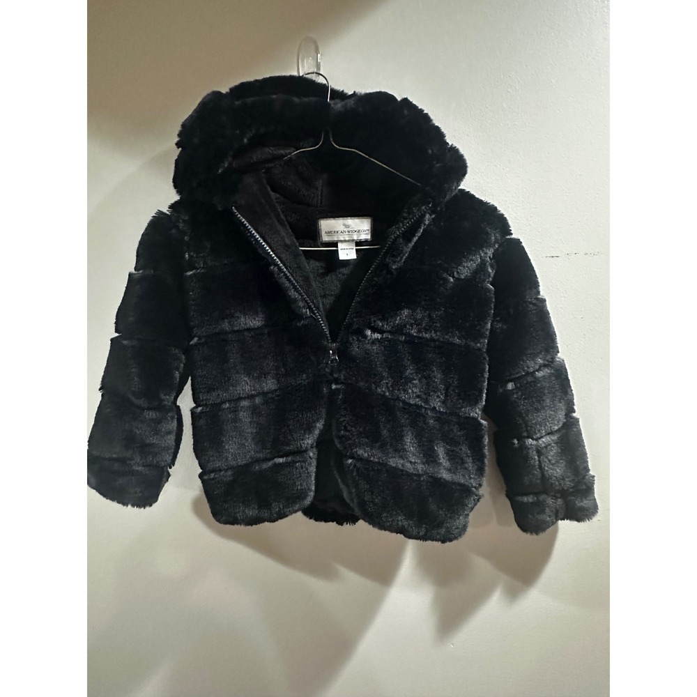 American Widgeon Girls Black Faux Fur Hooded Jacket Coat Size 5 Plush Winter